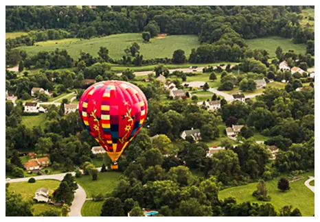 A hot air balloon flying over the trees.